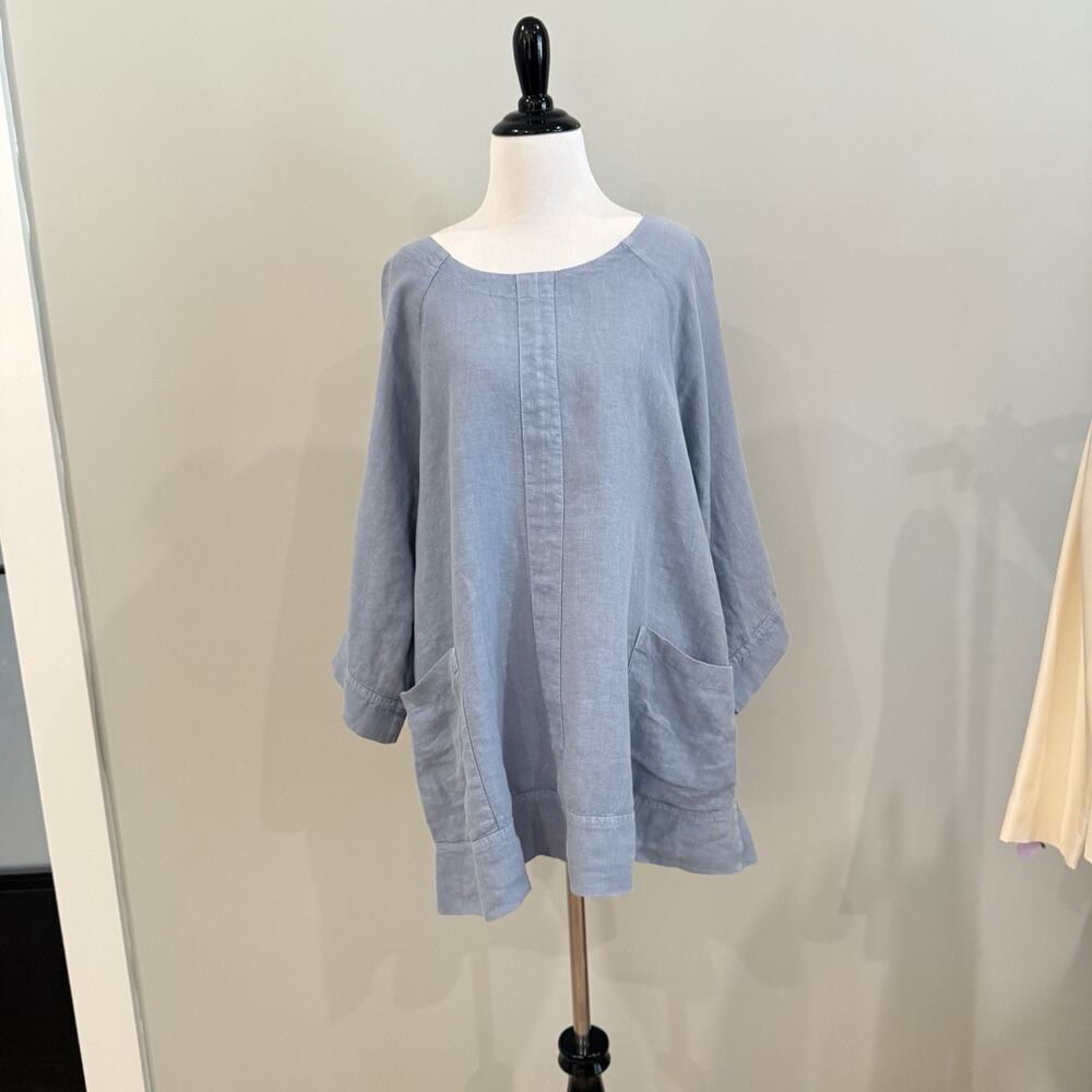Match Point Tunic Top Blue Linen 3/4 Sleeve Scoop Neck L Lagenlook Oversized - Picture 2 of 11